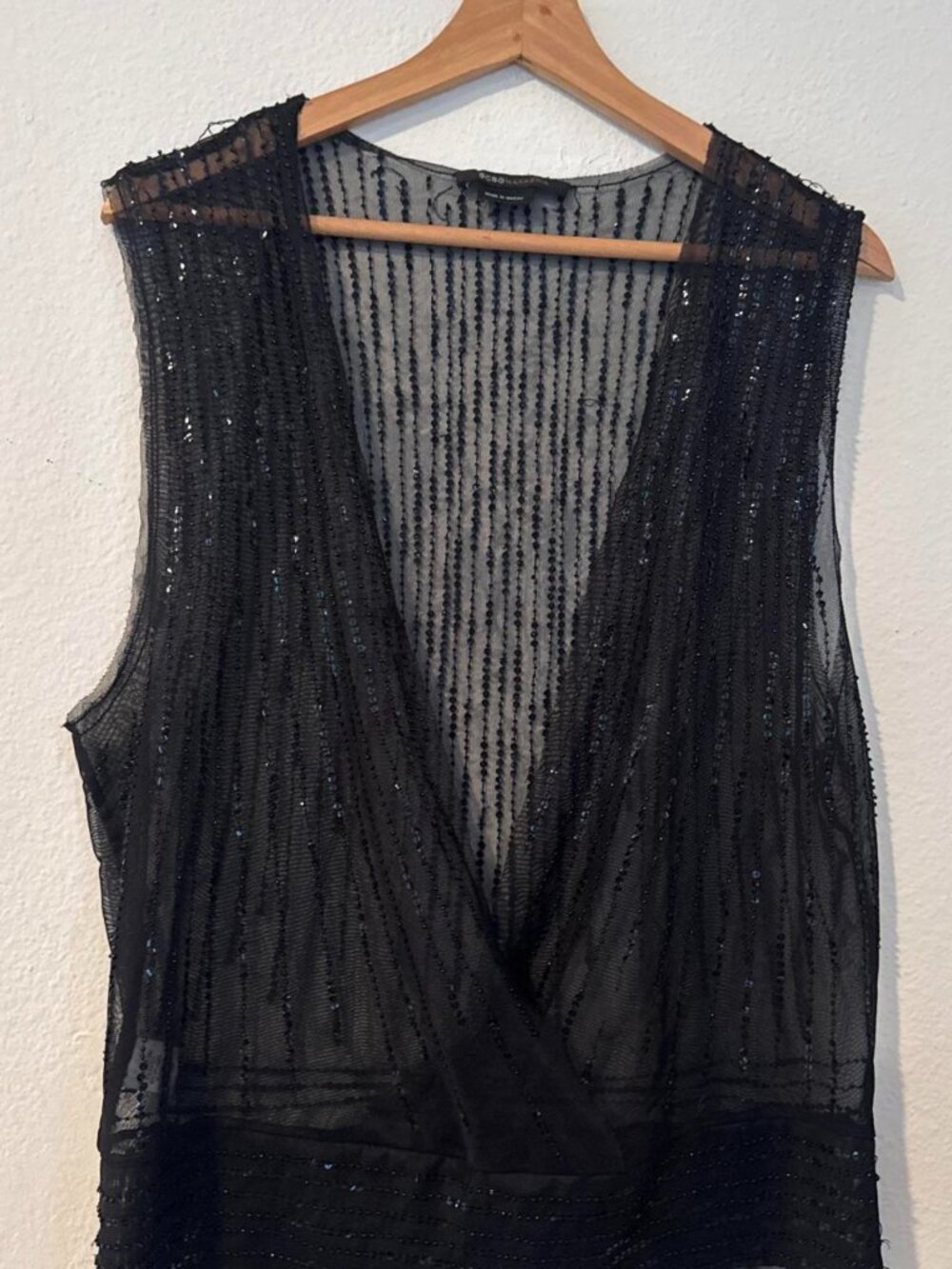 BCBGMAXAZRIA black sequin mesh vest with vertical sequin stripes